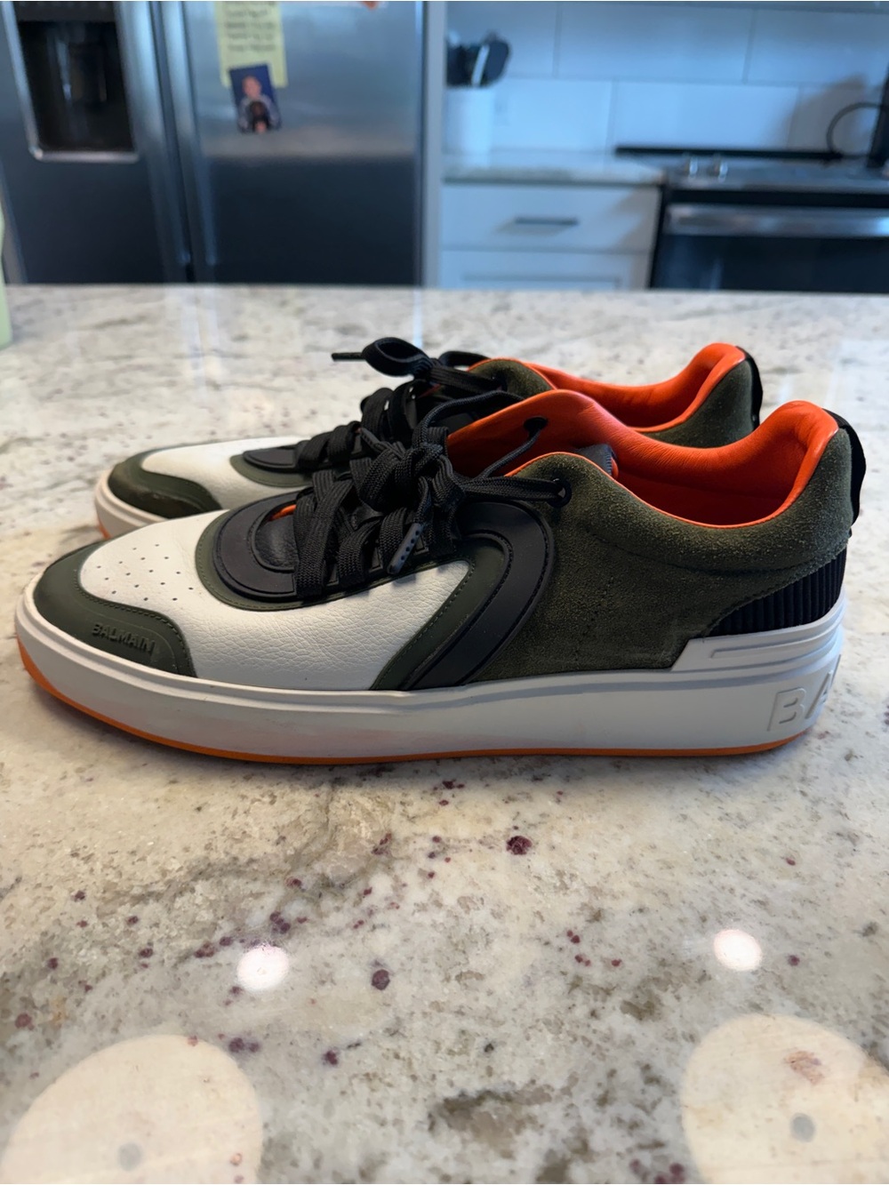 BALMAIN Men's Casual Low-Top Sneakers - White, Olive & Orange